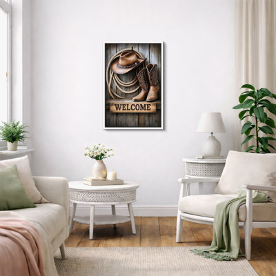 «Western Welcome Sign», chapeau de cowboy, bottes, corde, entrée, ferme, photos de décor, impression encadrée sur toile, impression sur toile