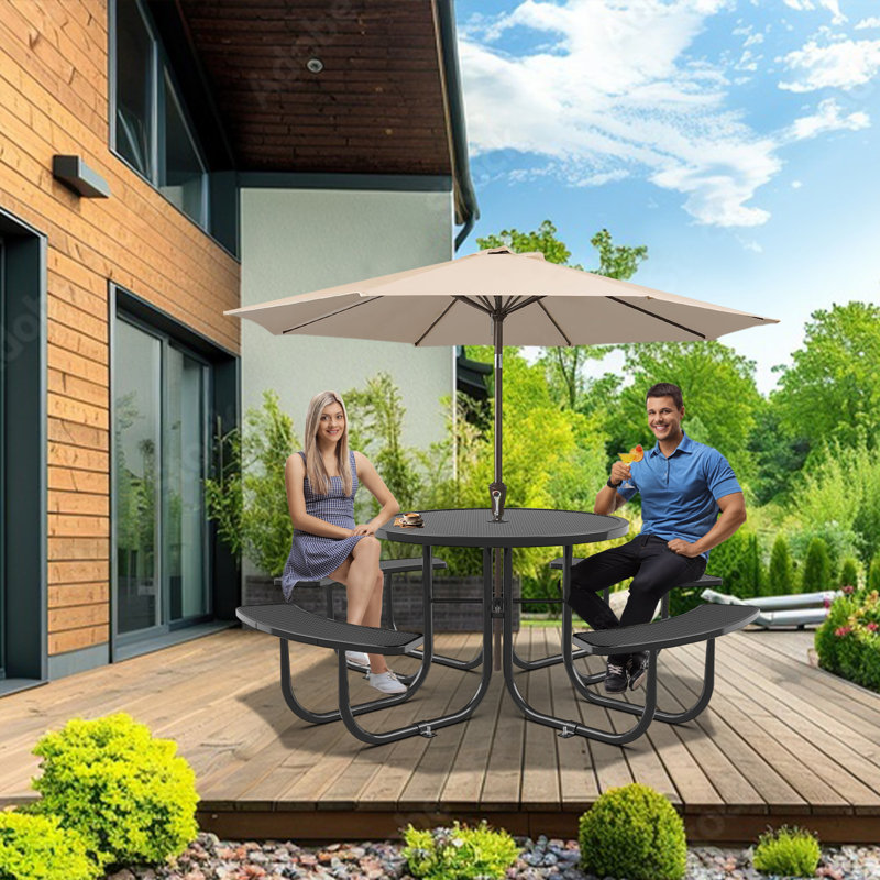 Klarrissa 8-Person 46" Round Metal Outdoor Picnic Table, Black