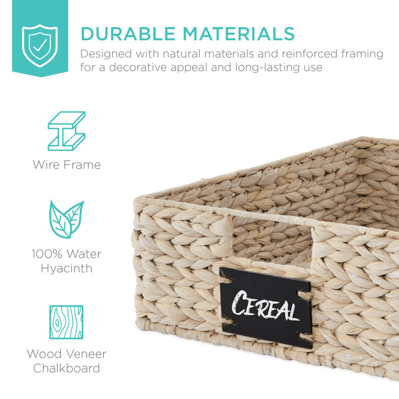 4 16x12in Woven Water Hyacinth Pantry Baskets w/ Chalkboard Label, Chalk Marker, White