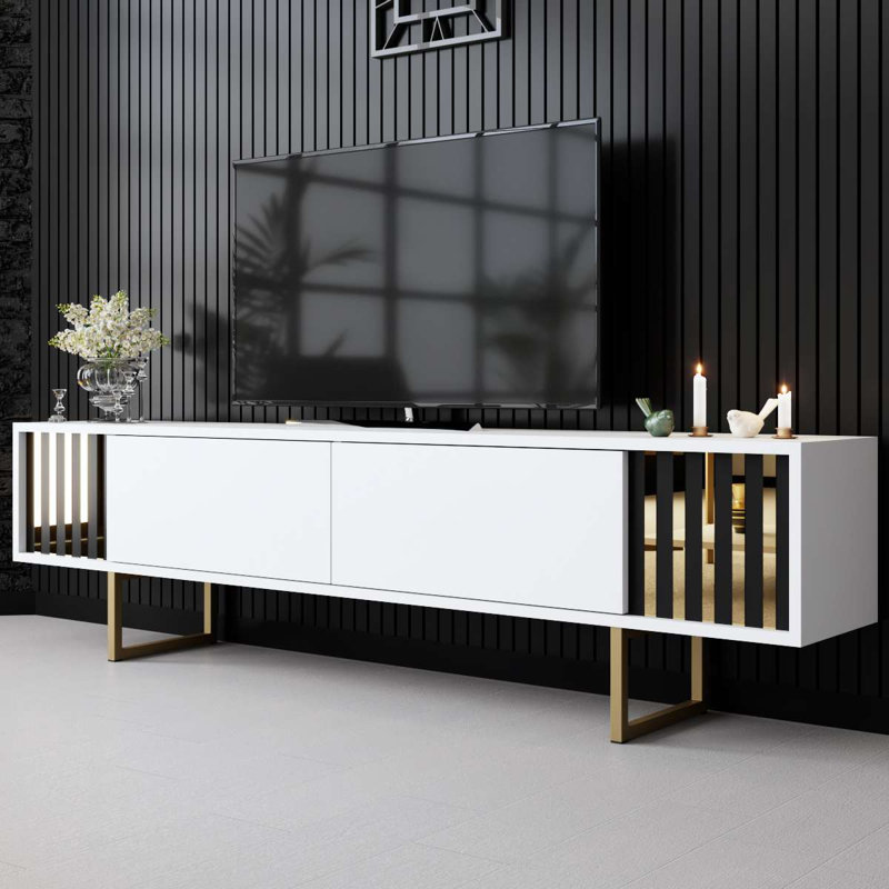 Meuble télé moderne avec pieds en métal, blanc et or, 70,9 po x 11,8 po x 18,9 po | 100% panneau de particules enduit de mélamine, épaisseur: 0,7 pouce | Conception géométrique élégante, parfaite pour le salon et les espaces de divertissement