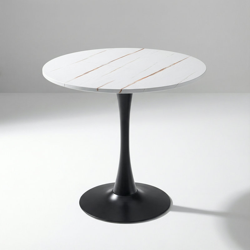 Table de salle à manger contemporaine à piédestal rond avec base en métal massif et plateau en bois d'ingénierie durable pour les espaces compacts