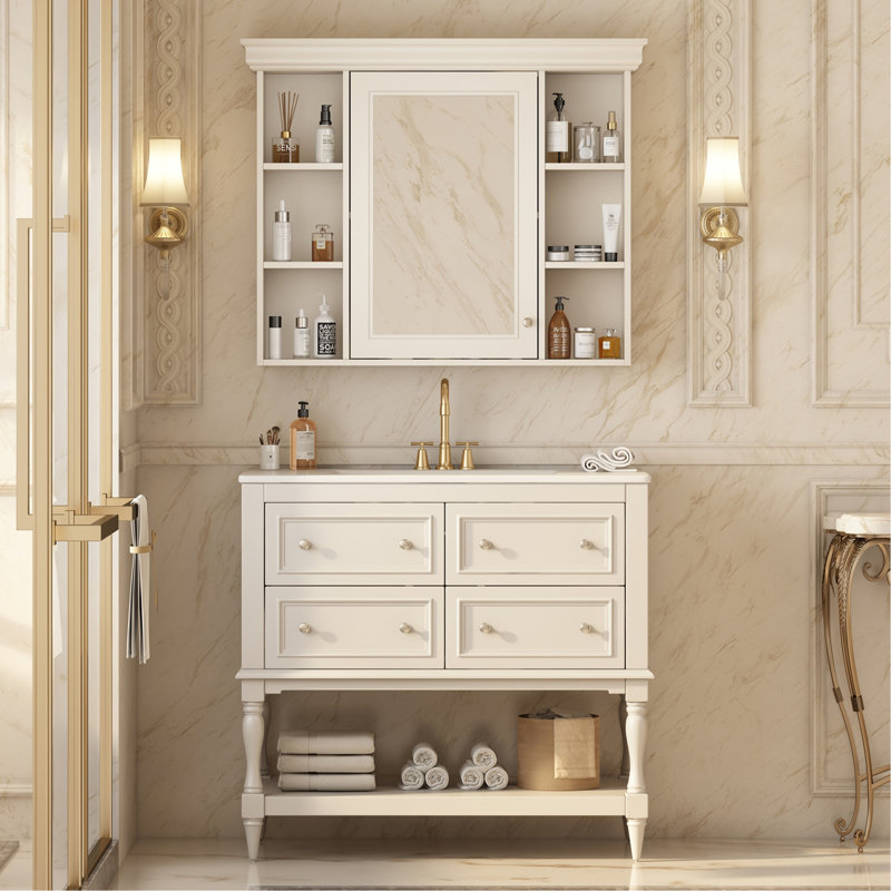 Meuble-lavabo de 36 po avec armoire à pharmacie, armoire à miroir moderne avec tablette réglable, armoire de rangement pour salle de bain à 4 tiroirs, armoire de rangement avec cadre en bois massif