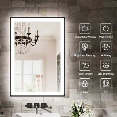40x30 Inch Led Bathroom Mirror With Smart Function, Long - Press Dimmable From 10% To 100%, Short Color Temperature Selection, Built In Fog Wall Switch Control, Ul Components, Shatterproof 5mm