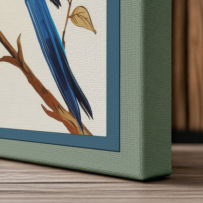 Kingfisher on Golden Branch Botanical - Wrapped Canvas, 30x20 - 76.2 x 50.8 cm, Sage Border