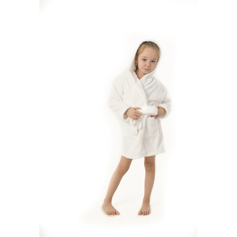 Peignoir 100% microfibre en molleton avec poches et capuche pour les enfants, Blanc, S