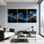 Cités et pays Blue Mountains Golden Trees Black Sky Water Reflections Modern House, ensemble de 3 impressions sur toile-139234880