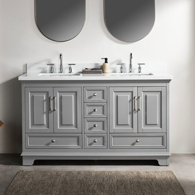 Meuble-lavabo autoportant de 60 po, entièrement assemblé, structure en bois massif, système de fermeture en douceur, marbre d'ingénierie de haute qualité, gris, conception américaine, double assemblage de poids de 282 lb, portes avec