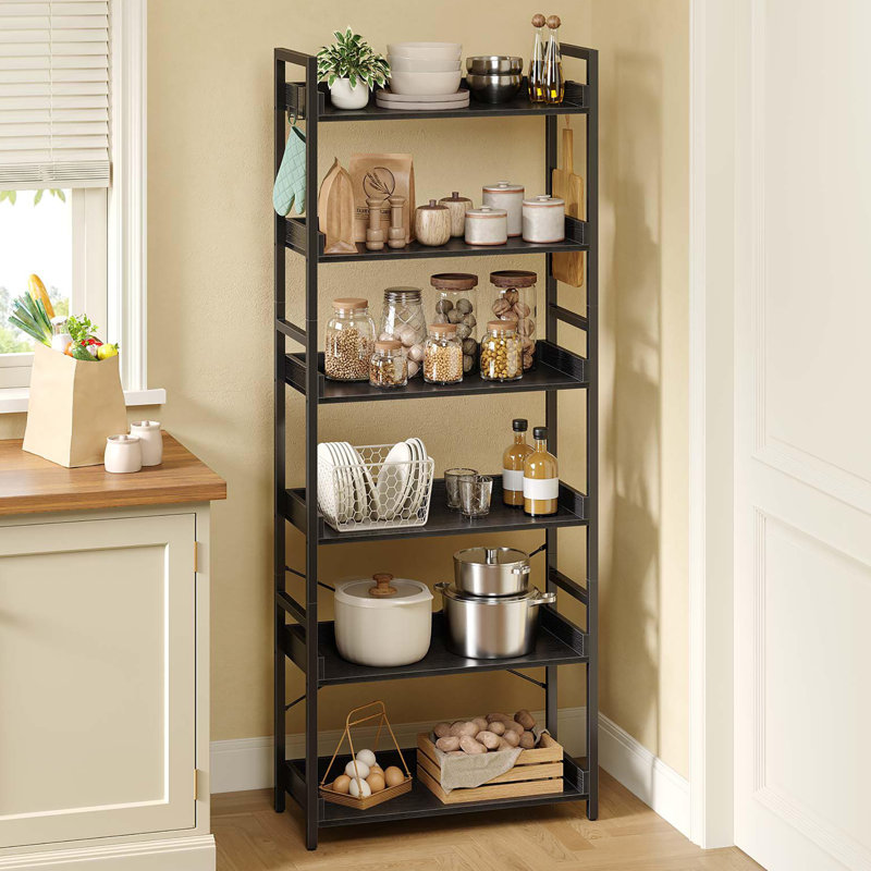 Narrow  Corner 6 Tier Bookshelf, Wooden Display Shelf, Black