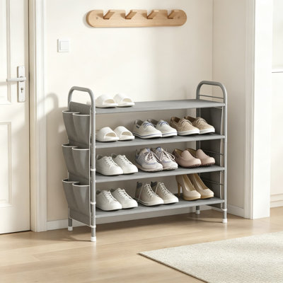 Free Standing Metal Shoe Rack with Side Bag, Compact Shoe Organizer for Entryway Closet Bedroom, Stackable Shoe Shelf Storage, Grey