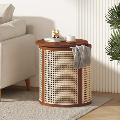 15.70" Round End Table, Hollow Woven Side Table, Small Rubber Wood Nightstand