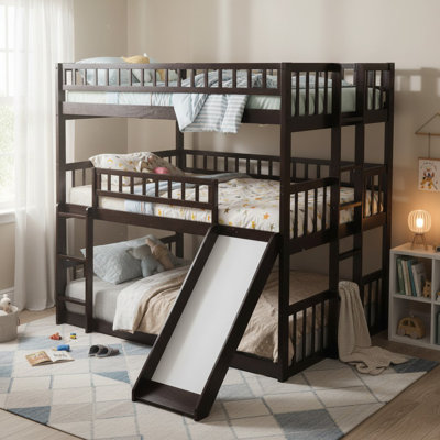 Lit superposé triple double / double / double, en bois, échelle et toboggan intégrés, chambre contemporaine pour enfants et adolescents