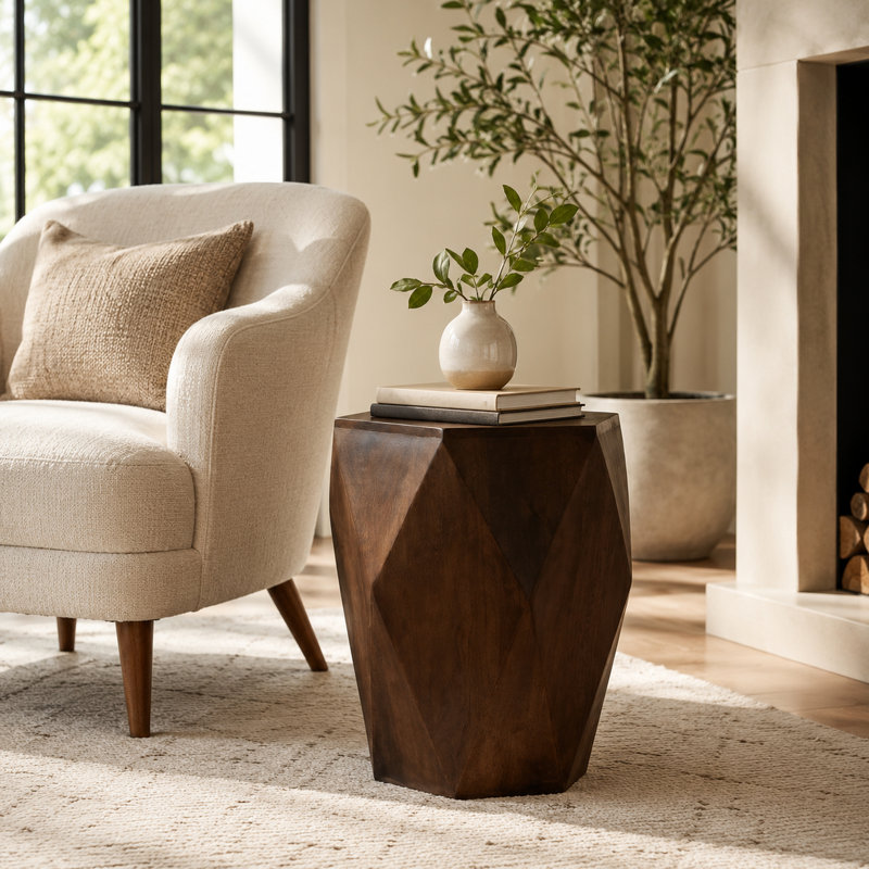 Brown Solid Wood Hexagonal Accent_End Table