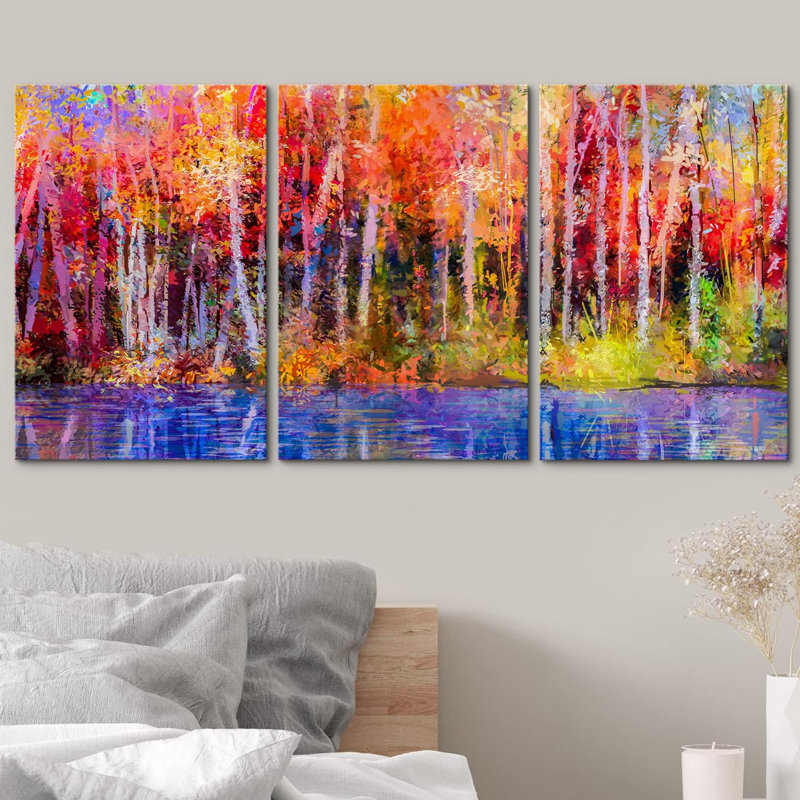 Abstract Forest " Colorful Autumn Trees. Semi Abstract Image Of Forest, Aspen Trees With Yellow " 3 - Pieces