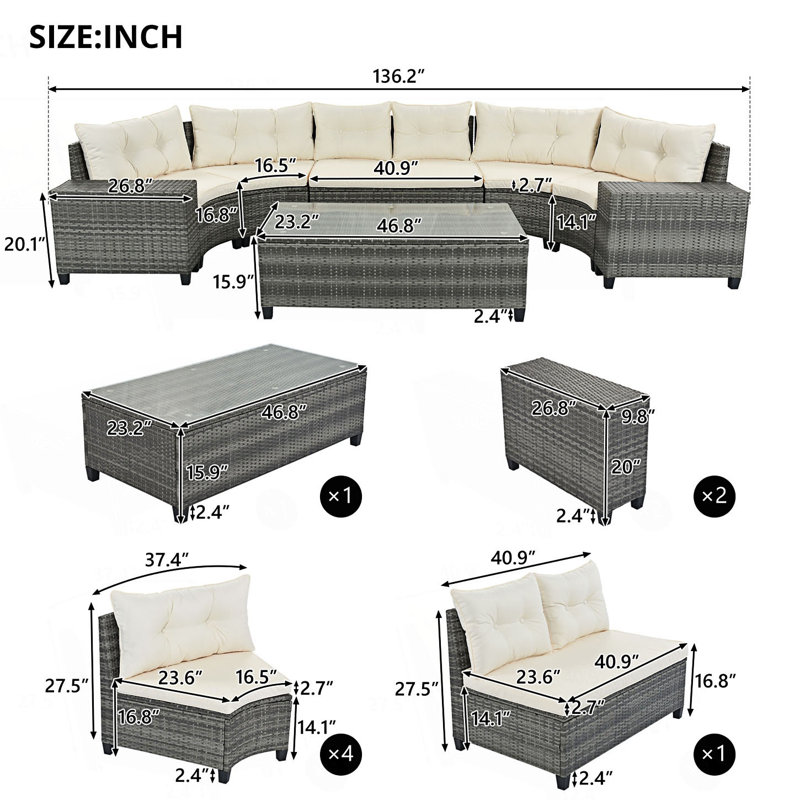8-Pieces Outdoor Wicker Round Sofa Set, Half-Moon Sectional Setsr, Curved Sofa Set With Rectangular Coffee Table, Beige