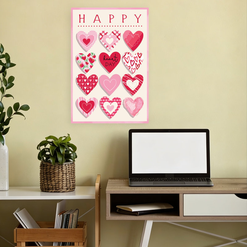 «Happy Hearts», art mural abstrait fantaisiste romantique, 18" H x 12" W