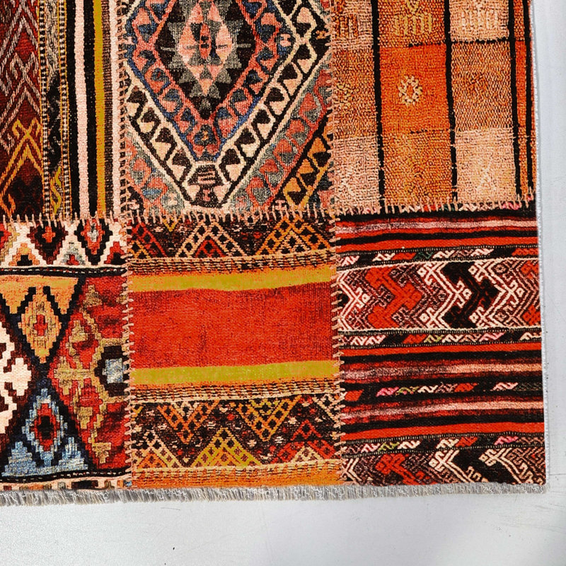 Tapis en patchwork ethnique, antidérapant et lavable, orange, idéal pour le salon, la cuisine ou le couloir.