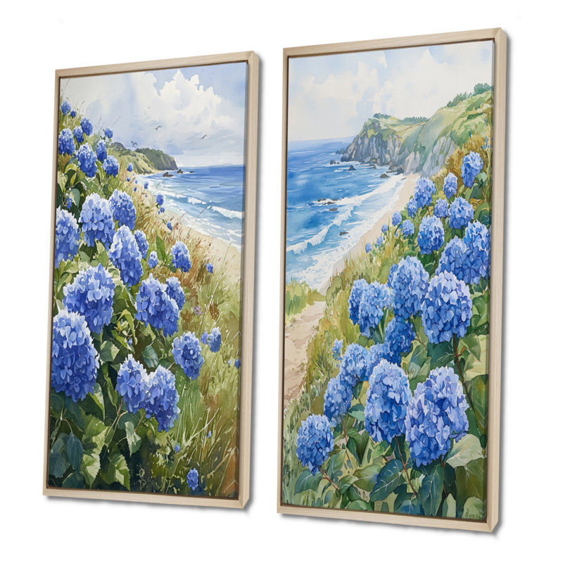 Hortensias dans un jardin en bord de mer I - Collection de 2 panneaux de toiles florales, Cadre crème crème