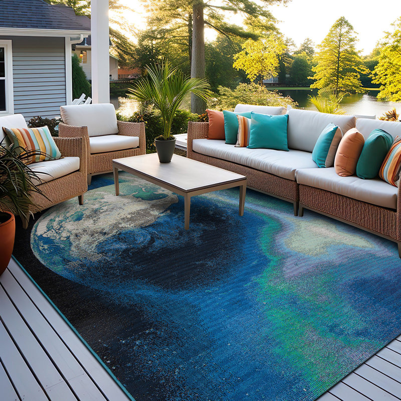 Graedy Performance Earth Blue/Black/Green Indoor & Outdoor Rug, Rectangle 7'10" x 10'6"