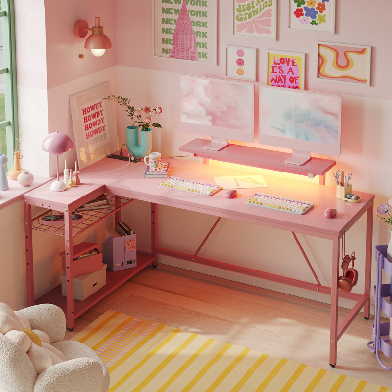 Nedyo 52'' W L-Shaped Computer Desk with Power Outlet, LED Gaming Work Desk with Shelves, Pink, 36" H x 58" W x 31.5" D