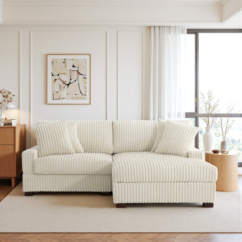 3 - Piece Upholstered White Faux Rabbit Fur Flannel Modular Sectional Sofa with Throw Pillows & Removable Ottomans