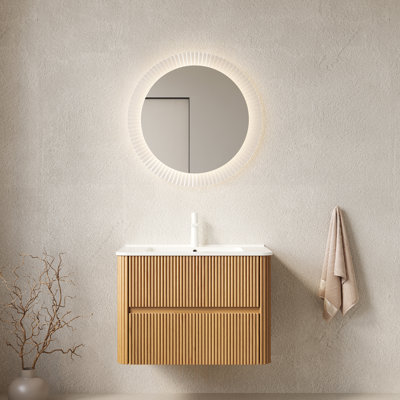 Meuble-lavabo 30 po avec lavabo, armoire de rangement murale rayée en contreplaqué flottant avec 2 tiroirs, lavabo rectangulaire en céramique blanc, sans robinet, pré-assemblé