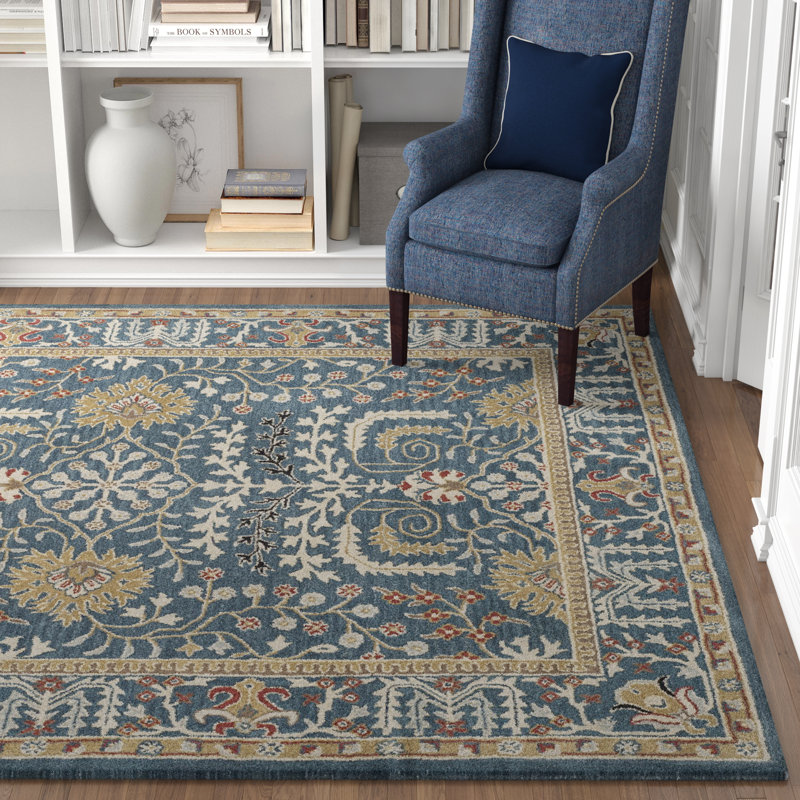 Armintha Oriental Wool Dark Blue Area Rug, Rectangle 11' x 15'