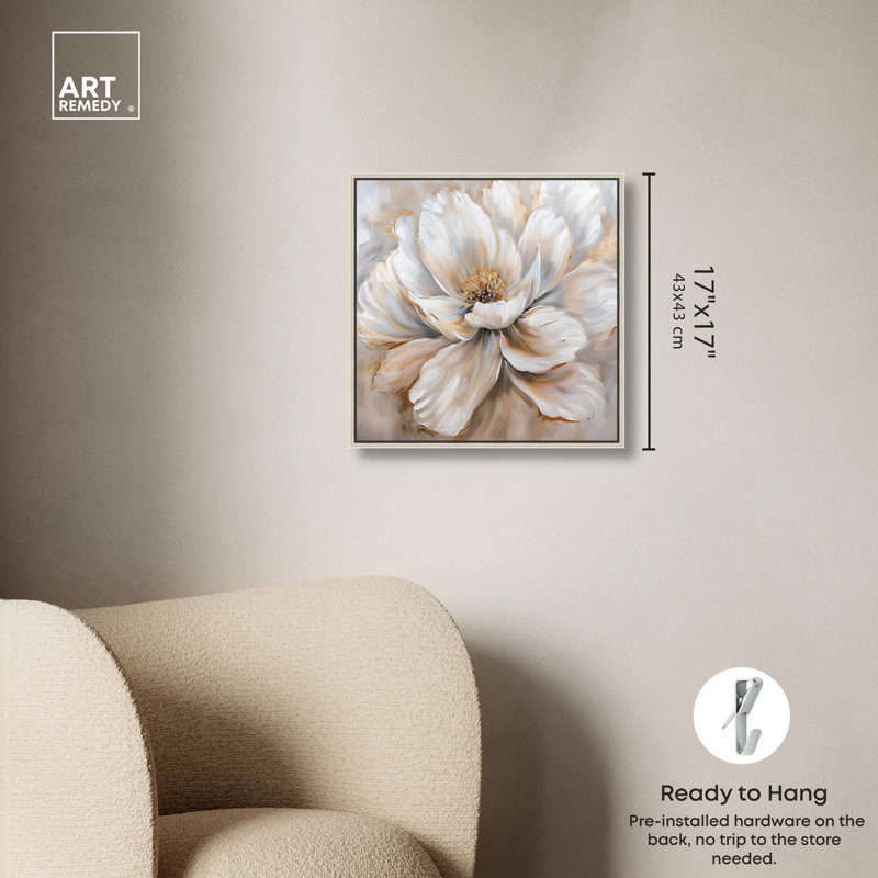 «Flower in Light Tans», art sur toile par Glam, H 17 po x l 17 po, Cadre flottant argent