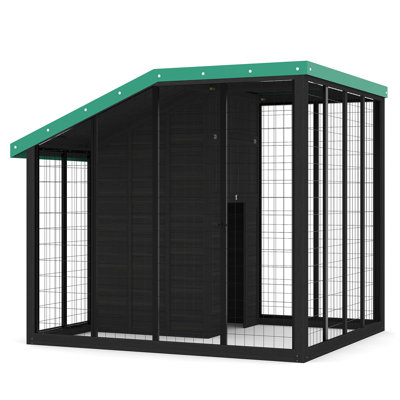 Niche en bois pour grand chien avec revêtement PE et structure en acier galvanisé, porte verrouillable, trappe d'alimentation, porte arrière et bac à eau et à nourriture.