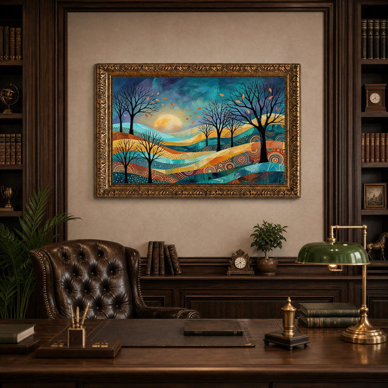 Tableau sur toile représentant un paysage abstrait avec des arbres nus et des collines aux motifs variés, H 16 po x l 24 po