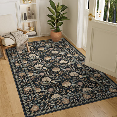 4x6 Washable Area Rug, Non Slip Soft Vintage Floral Rug for Living Room, Lightweight & Low Pile Floor Mat Stain Resistance Indoor Throw Carpet for Bedroom, Dining Room, Kid Playroom, Black