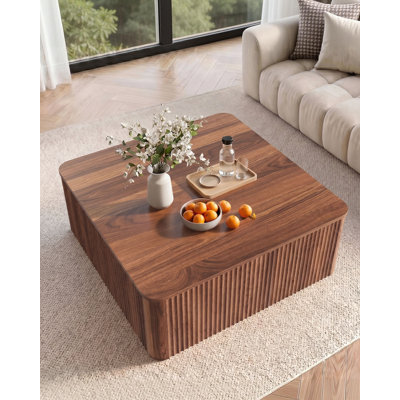 Table basse relevable avec rangement dissimulé, table de salon moderne en bois de noyer cannelé, table basse à hauteur réglable pour petits espaces, 37''L x 35''P x 5''H.