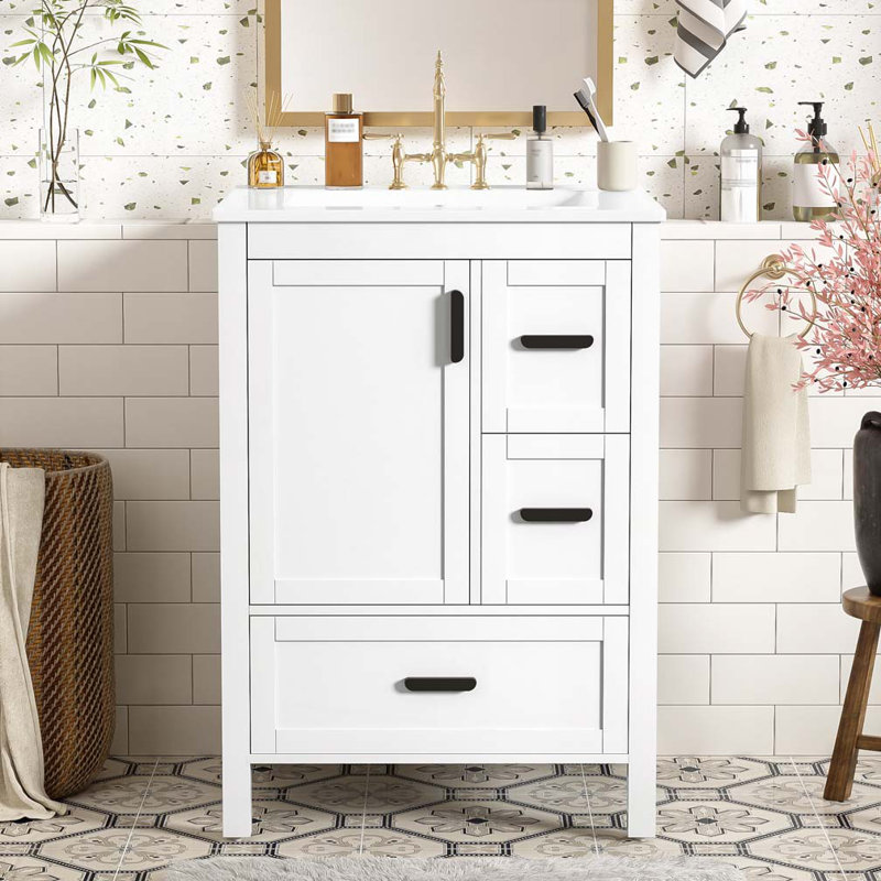 Meuble-lavabo de salle de bain avec lavabo en céramique, 3 tiroirs et 1 porte, rangement polyvalent, Blanc