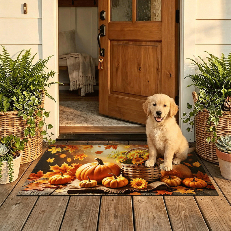 Tapis de porte antidérapant pour intérieur/extérieur, 40 x 60 cm, motif citrouille et fleurs., Panier de citrouille