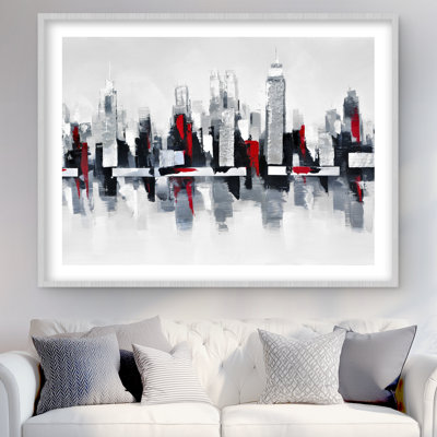 Gray and Red Cityscape - Modern Black Framed Print for Decor