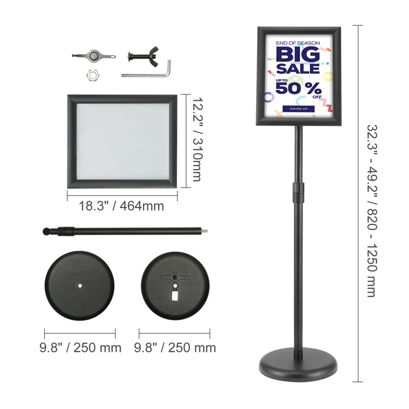 Pedestal Sign Holder with Fillable Round Base, 32.30" H x 9.80" W x 9.80" D