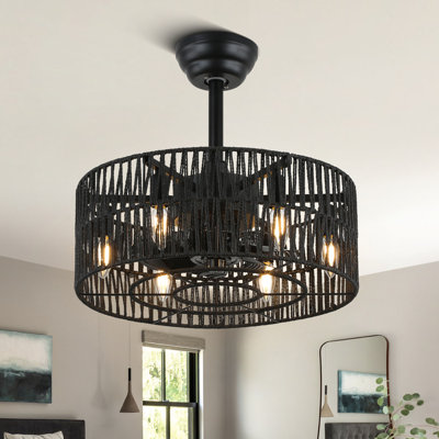 Ventilateur de plafond en cage en rotin noir Angelyca avec ensemble d'éclairage et télécommande