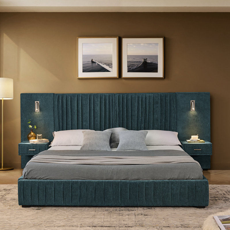 Queen Size Chenille Upholstered Bed With Bedside Table, Green