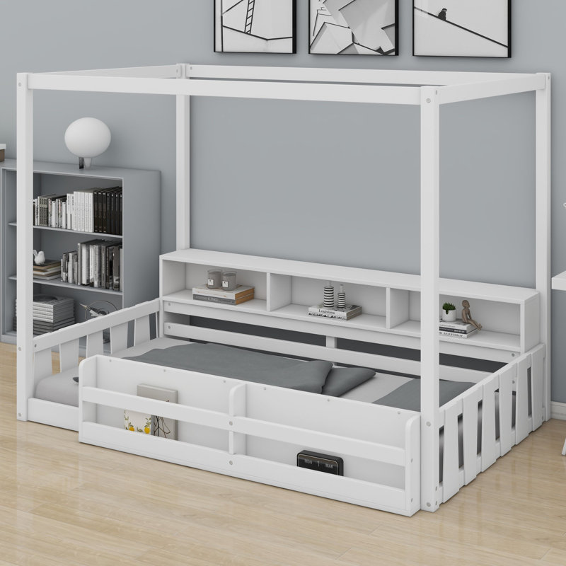 Structure de lit Montessori avec clôture, tablette et auvent pour chambre d'enfant, Lit simple, Blanc