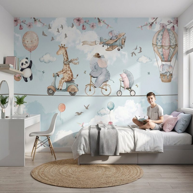 Papier peint montgolfière, panda et girafe, fresque murale, 200"x120", Non-Woven Nonpasted