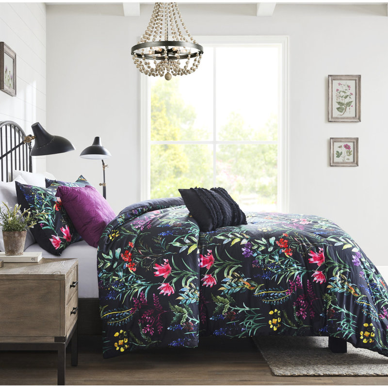 Édredon 5 pièces noir, motif botanique élégant, 2 coussins décoratifs, taies décoratives assorties, lit double lavable à la machine, pièces, avec imprimé attrayant