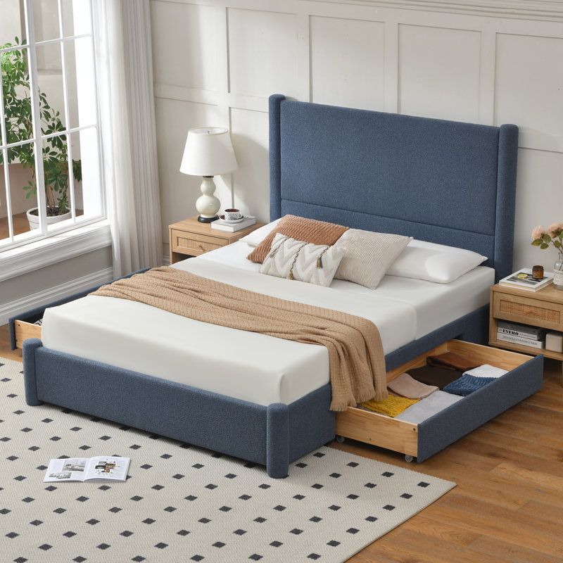 Juanetta 51.8" High Headboard Upholstered Platform Bed With 2 Large Wooden Storage Drawers, White, Queen Size, Queen, White
