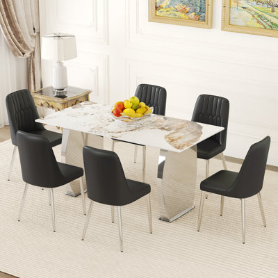 Ensemble de table et de chaises 63 pi x 31,4 po en pierre frittée à motif Pandora - 6 chaises noires avec pieds en métal argenté. Luxe moderne clair. Pour salle à manger, salle de réunion, cuisine, etc.
