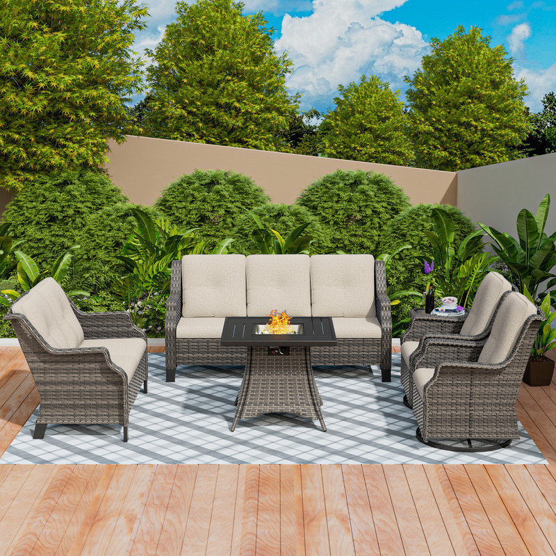 7-Person Seating Group With Fire Pit And Cushions, Beige