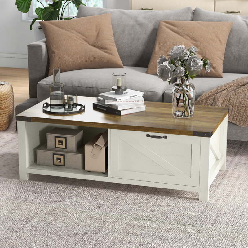 Farmhouse Coffee Table With Storage Drawer, Rustic Coffee Table For Living Room, Open Shelf