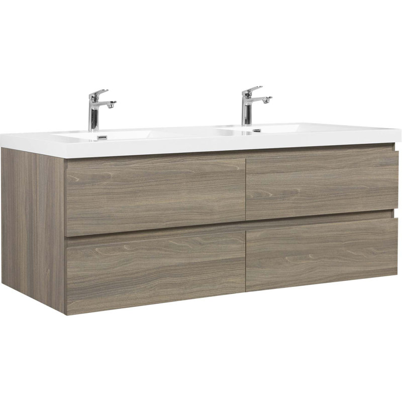 Armoire de salle de bain murale avec deux cuves en résine, Gris