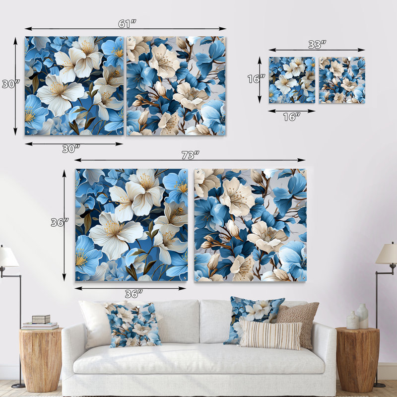 Motif floral blanc et bleu Bliss, H 36 po x l 73 po