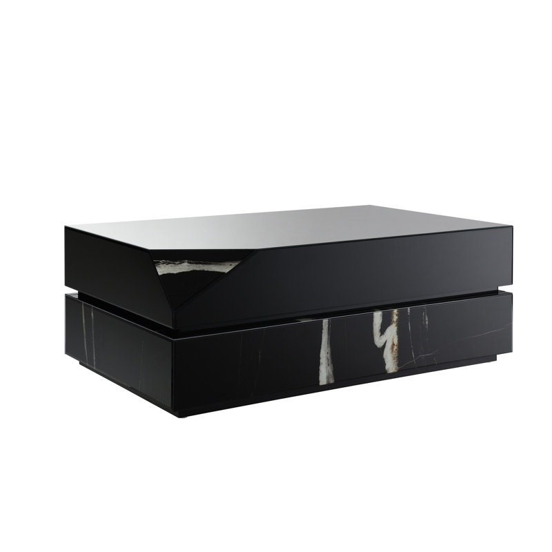 Contemporary Black Mirrored Coffee Table, Rectangular 47x28x18, Synthetic Wood, Elegant Marble Modern 47"x28"x18", Rectangular, Marble Surface