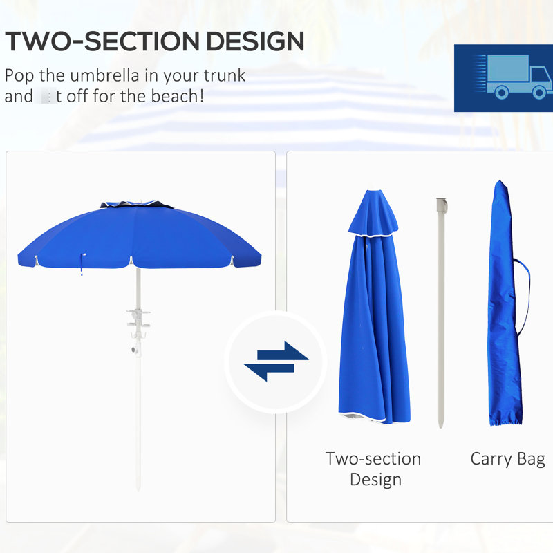 Parasol de plage d'extérieur avec hauteur réglable et fonction d'inclinaison, protection 40+, 2 crochets à fentes, abat-jour ventilé bleu pour les vacances et le bouclier, auvent ventilé