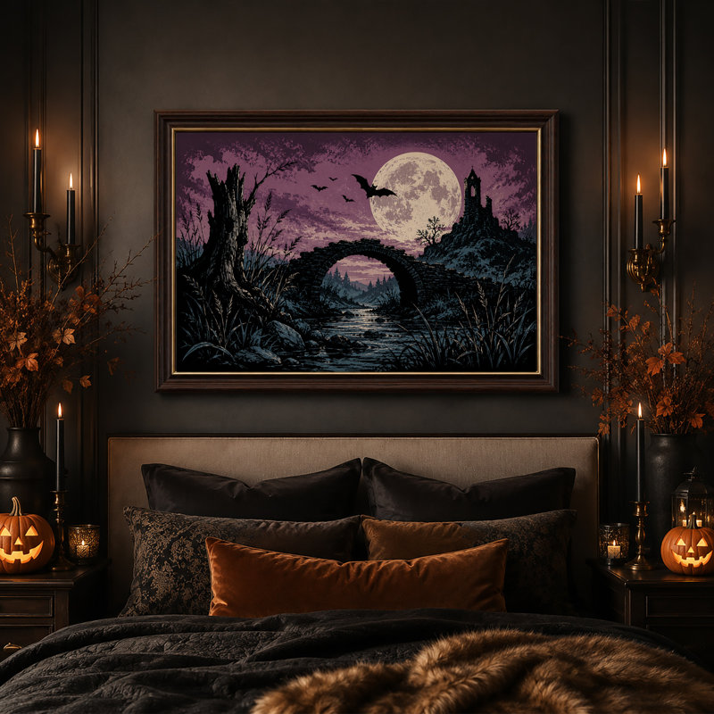 Pont de pierre et tour en ruine sous une lune violette - Toile murale d'Halloween, H 12 po x l 18 po