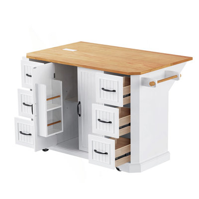 56 Inch Kitchen Island With Rubber Wood Veneer Drop Leaf, Power Outlet, 4 Door Shelves, Embossed Vertical Stripe Rolling Kitchen Cart On 4 Wheels With 6 Deep Drawers For Kitchen, Dining Room